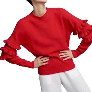 Anthropologie- Line & Dot Vibrant Red Ruffle Sweater